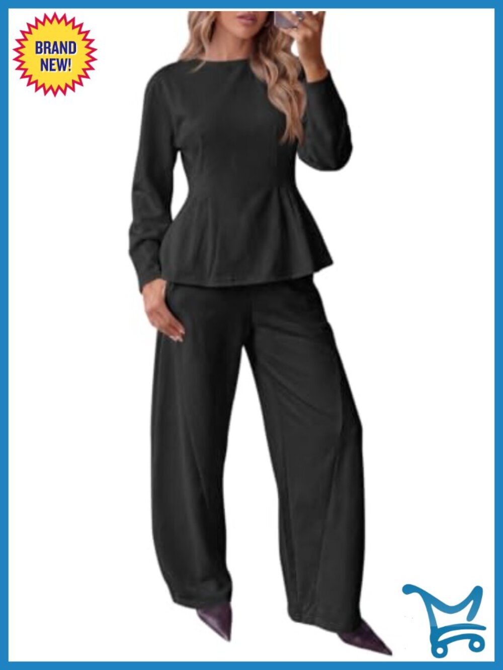 Women's 2 Piece Lounge Set Long Sleeve Peplum Top & Wide Leg Pants